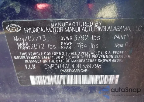 2013 Hyundai Elantra Gls from USA, damaged, VIN 5NPDH4AE4DH339798